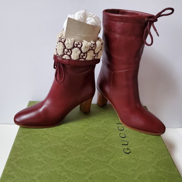 NIB Gucci bordeaux leather GG Shearling Effect Knee-High Boots - IT 39.5/US 9.5 - Picture 3 of 8